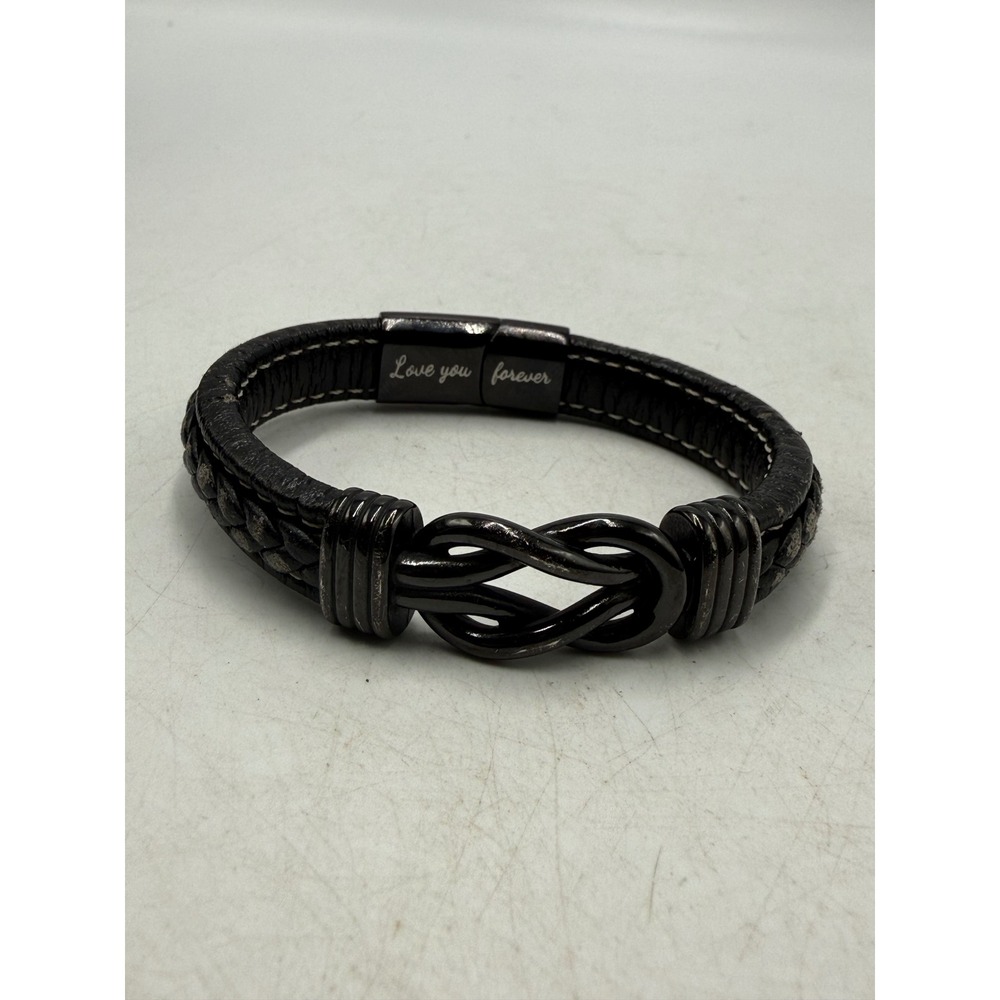 Black Braided Leather Infinity Knot Bracelet Love You Forever Clasp Gunmetal